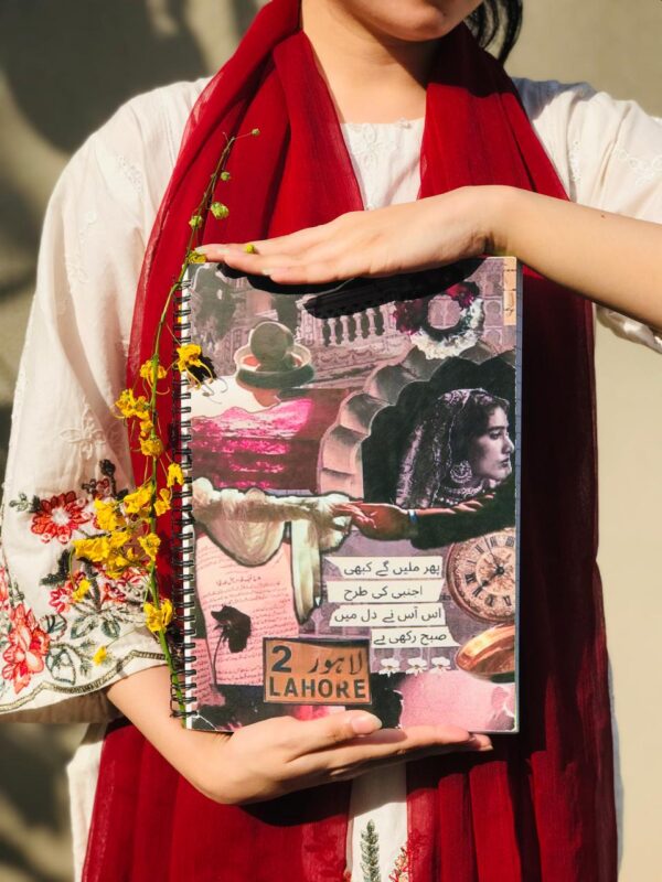 A beautiful collage-style spiral notebook featuring vintage imagery of Lahore, a traditional woman in a veil, Urdu poetry, and the word "LAHORE" at the bottom.